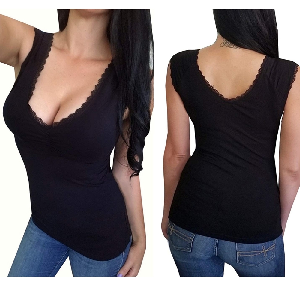 Black sleeveless lowcut v-neck sexy summer top